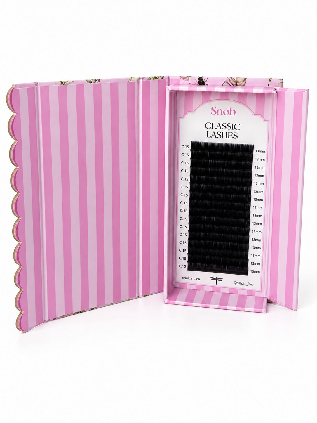 SNOB classic lash tray open packaging view on white background; representative 0.15 mm / 13mm sample shown, options vary