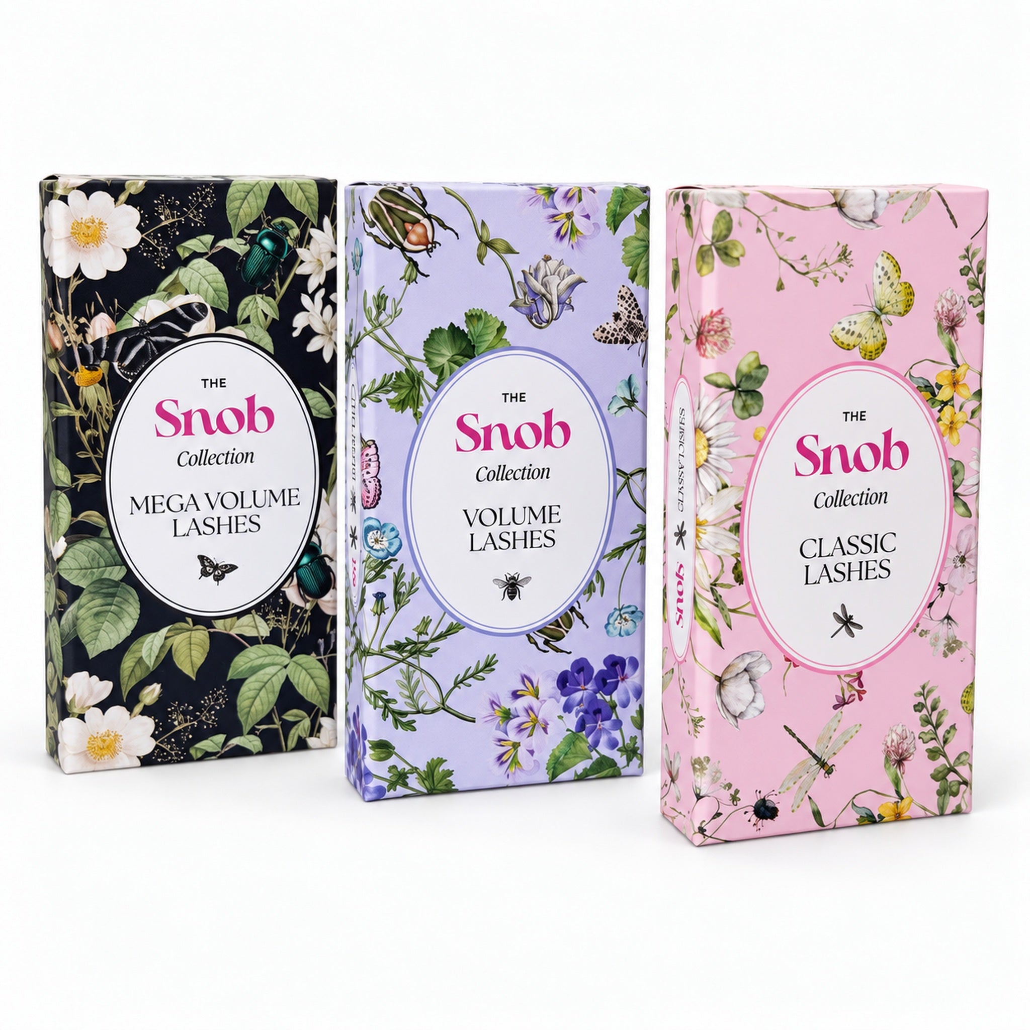 SNOB Classic, Volume and Mega Volume lash tray collection in floral packaging on white background