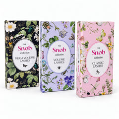 SNOB Classic, Volume and Mega Volume lash tray collection in floral packaging on white background